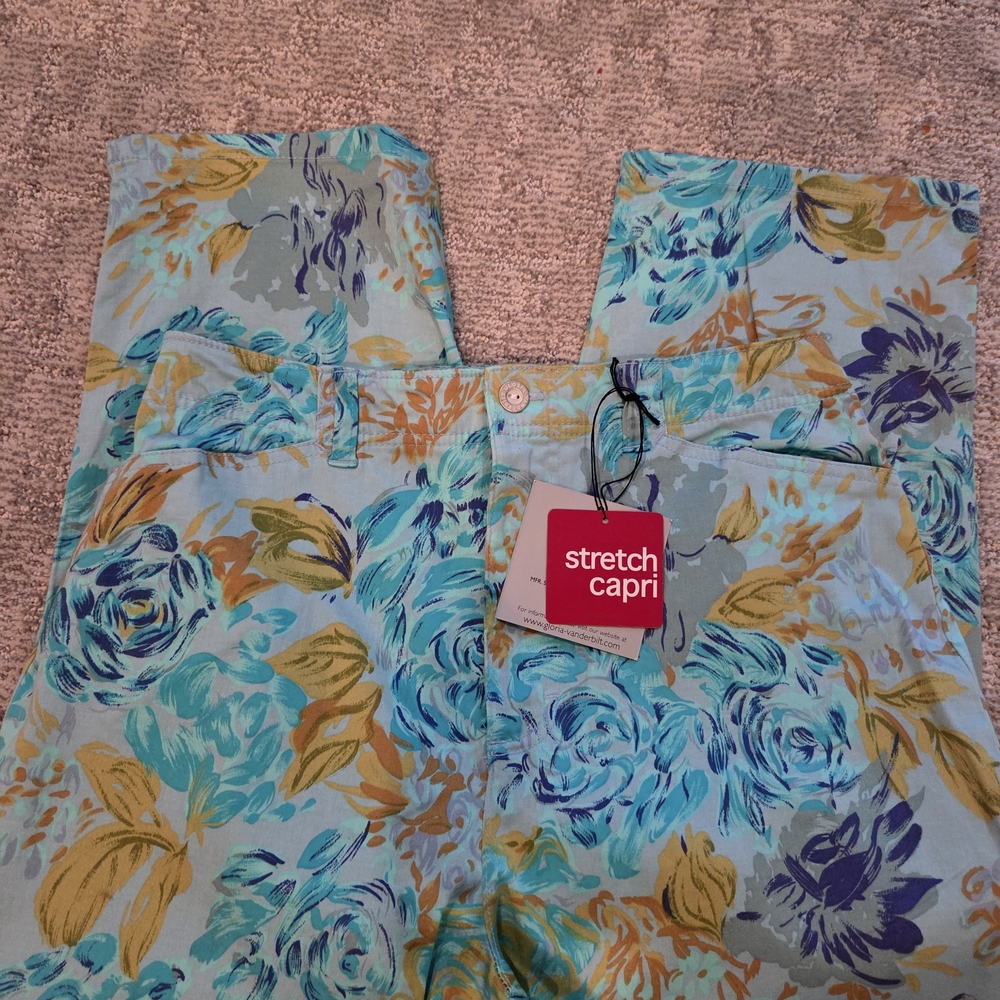 Gloria Vanderbilt Teal Aqua Floral Capri Stretch Capri Pants Sz 10